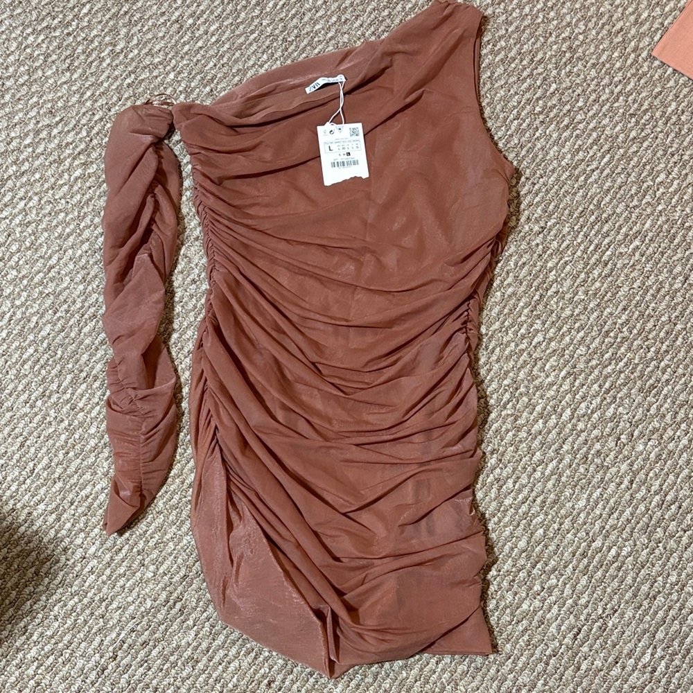 Zara One-Shoulder Ruched Dress in Brown